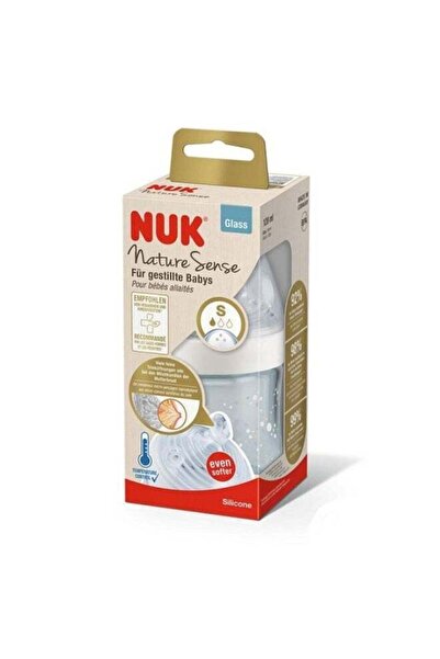 Nuk رضّاعة ناتشر سينس زجاج 120مل، بمؤشر حرارة ومقاس (S) للمواليد حتى 6 أشهر.