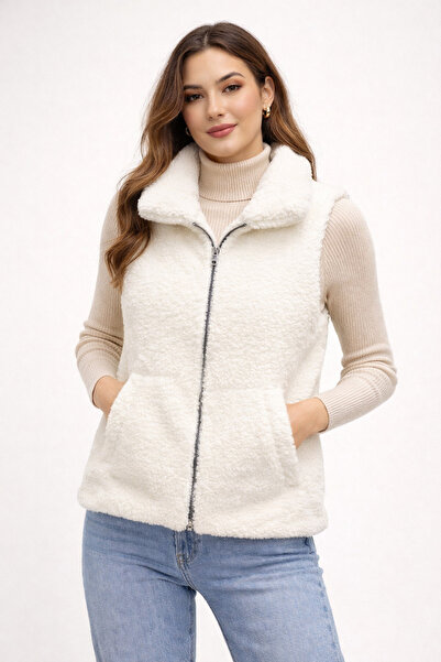 Vuslat Welsoft Kuzu Desen Peluş Kadın Yelek Astarlı Çift Cepli Rahat Kalıp