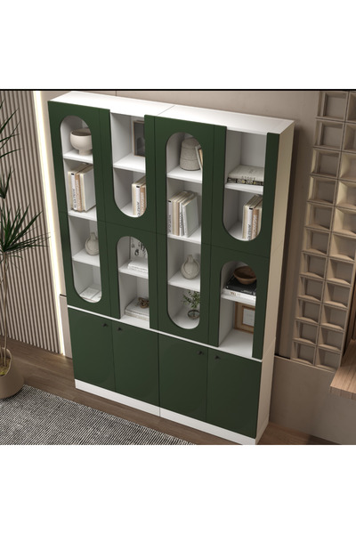 klubeconcept MİHRAP Beyaz Kemer Formlu Kitaplık Ünitesi Vitrin | 140×30×210 cm