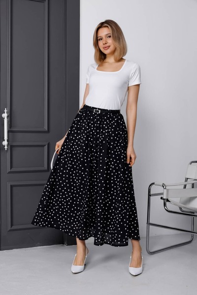 Milamia Polka Dot Pattern Lined Casual Long Voile Linen Skirt with Belt