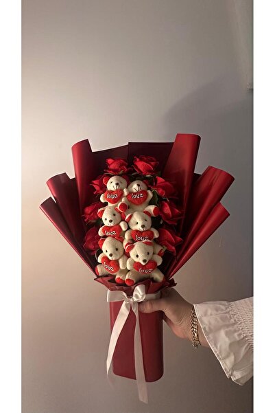 BİDOLUTAKI "Love" Yazılı Peluş Ayıcık ve Yapay Gül Buketi - Büyük Boy Romanti...