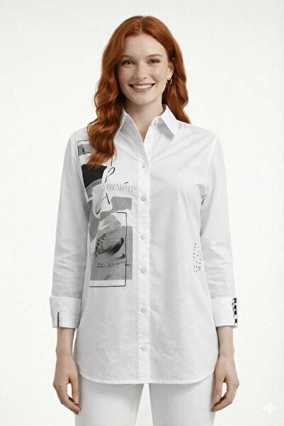 Neden Tekstil Printed and Texted White Women's Shirt |   Foldable Arm