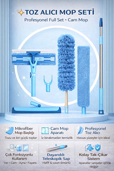 Single Toz Alıcı Mop Seti Premium Ürün Cam Mopu Dip Köşe Toz Alıcı Set