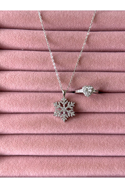 ACQUA BELLA 925 Ayar Gümüş Zincirli Beyaz Taşlı Kar Tanesi Kolye ve Kalpli Yü...