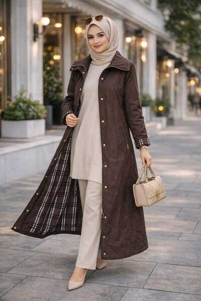 ayşe akay Kadın Uzun Tesettür Kap Krinkıl Kumaş - (Yaka Çıtçıtlı Fermuarlı Me...