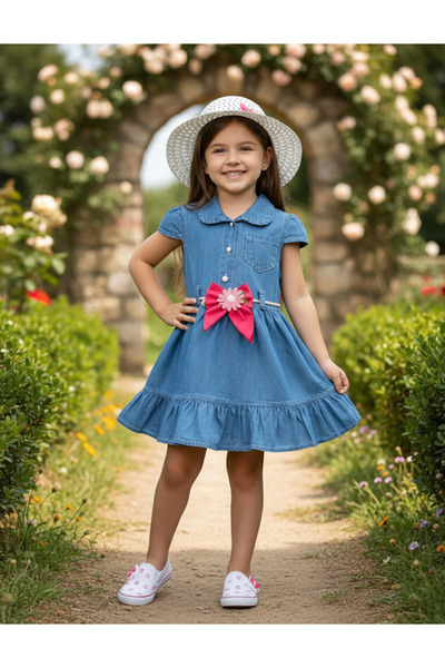GİRL EMELY Girl's Hat and Denim Jeans Dress with Belt and Ribbon