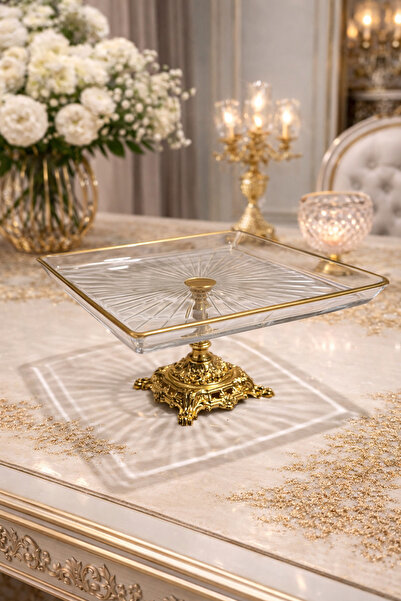 silvia home decor Paşabahçe Gold Metal Footed Presentation Bowl with Gilt Detail
