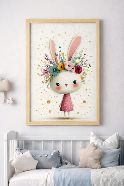 Bebişim Halı Kız Çocuk Odası Tavşan Tablo | Çiçek Taçlı Sevimli Çocuk Odası D...