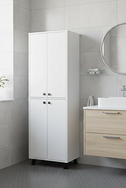 Sawoli Home Çok Amaçlı Dolap 4 Kapaklı 6 Raflı Banyo Kiler Mutfak Dolabı Beya...