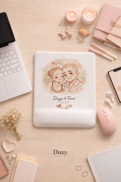 Duxy Kişiye Özel İsimli ve Tarihli Sevgili Mouse Pad – Romantik Çift İllüstra...