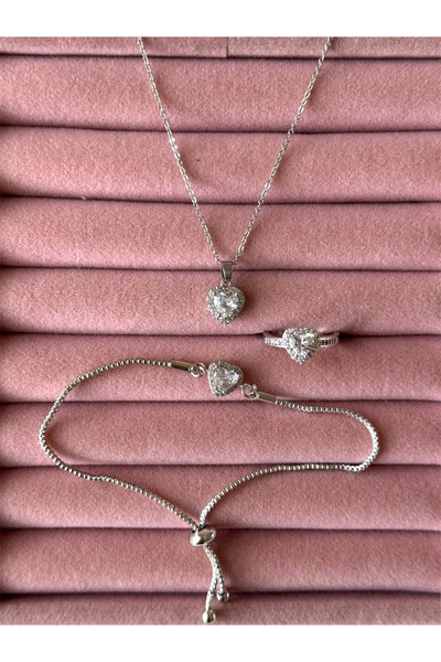 ACQUA BELLA Işıltılı 3 Lü 925 Ayar Gümüş Kaplama Kolye Kalpli Yüzük Bileklik ...