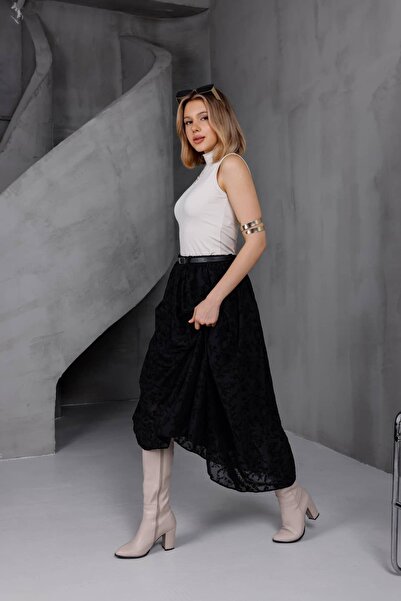 Milamia Flocked Tulle Floral Pattern Skirt