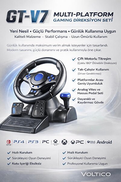 Voltico GT-V7 Çoklu Platform Gaming Direksiyon Seti 180 Derece PS4 / PS3 / PC...