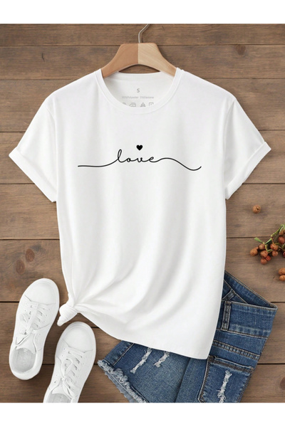 CROFT Kadın Love Baskılı Bisiklet Yaka Kısa Kollu Regular T-Shirt