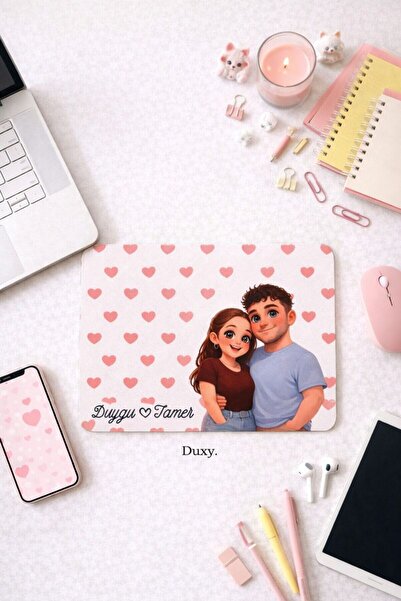 Duxy Kişiye Özel İsimli Sevgili Temalı Mouse Pad – Kalpli Desen, Romantik Tas...