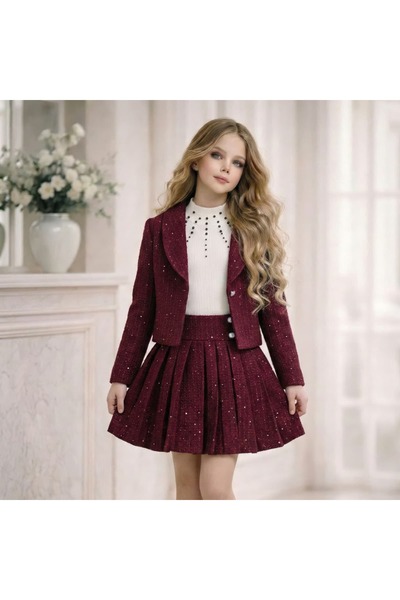By Feyza Kids Collection Set fustă și jachetă din tweed cu nasturi perlați pe...