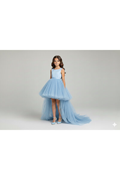 Star Kids Girl's Blue Tail Satin Dress, Girl's Graduation Dress, Evening Dress