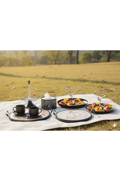 Generic An elegant hospitality set including a dessert stand, serving trays, ...