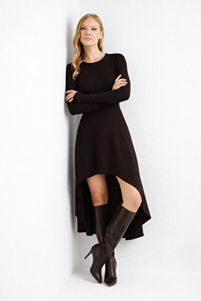 By Yaren Yazıcı Plum Dark Mulberry Crew Neck Asymmetrical Midi Dress with Glo...