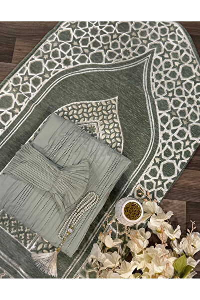 Gerenic طقم صلاة نسائي فاخر بلون أخضر زيتوني، يشمل سجادة صلاة وشرشف صلاة وسبحة.