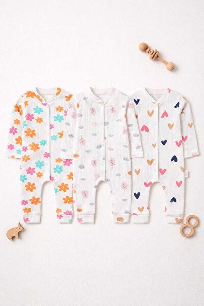 UmBaby طقم بذلة قطنية ممشطة للبنات مكون من 3 قطع - مزين بالزهور والأشكال اللط...