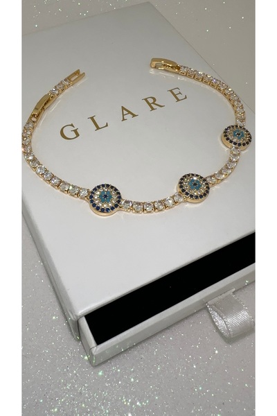 GLARE JEWELRY CO Gümüş Rodyumlu Zirkon Taşlı Üç Nazar Boncuklu Camgöz Suyolu ...