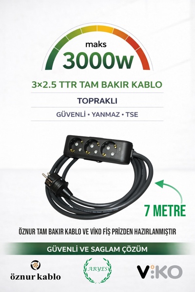 Aryes 3’lü Priz Uzatma Kablosu 7 Metre | Öznur 3x2.5 TTR %100 Bakır | Güçlü &...