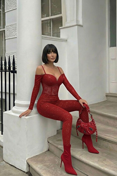 Afitapbutikmoda İnce Askılı Takma Kol Transparan Detay Fukuro Şık Tulum