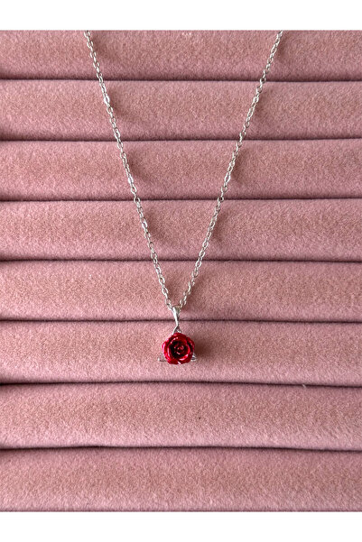 ACQUA BELLA 925 Ayar Gümüş Kaplama Kırmızı Gül Kolye Sevgililer Günü Hediyesi...