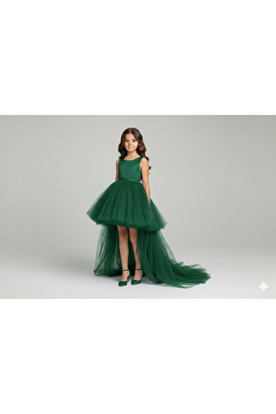 Star Kids Rochie din satin verde smarald cu fustă și trenă pentru fete, rochi...