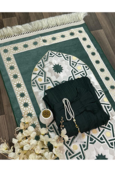 Gerenic طقم صلاة مخملي أخضر اللون، يتضمن سجادة صلاة وشرشف صلاة وسبحة.