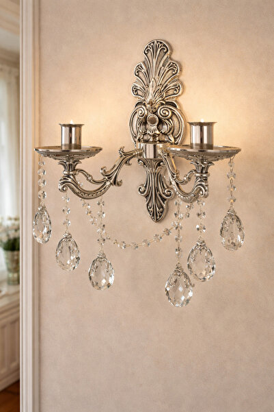 MİRLED AYDINLATMA Klasik Eskitme krom Çift Kollu Kristal Taşlı Duvar Apliği –...