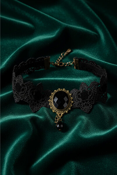 shop Siyah Zikzak Kurdele Detaylı Dantel Choker - Siyah İnci Boncuk Sallantıl...