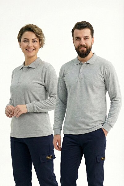 ÇİZGİ MEDİKAL Siva melanž majica s polo ovratnikom i dugim rukavima, poslovna...