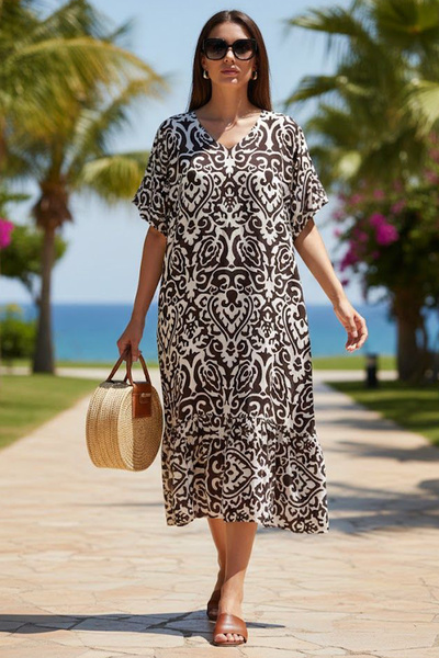 AYASOFYA OTANTIK Women's V-Neck Patterned Half Sleeve Dress with Pockets