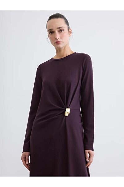 LC Waikiki Plum Color Crew Neck Metal Buckle Drawstring Dress (S6)