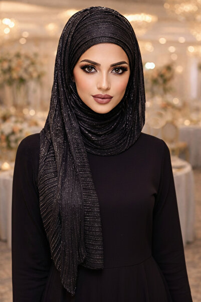 Aişe tesettür Siyah Gümüş Piliseli Bandana Abiye Şal