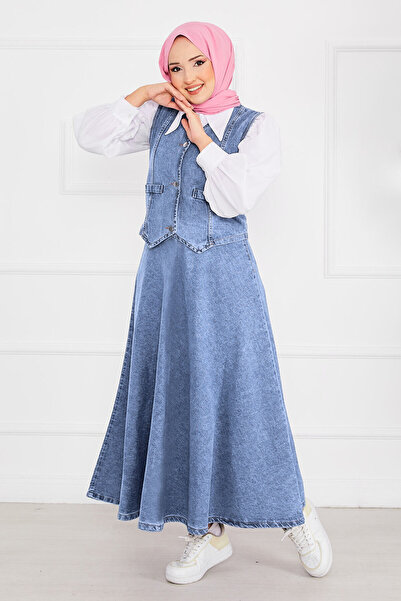 EBRUTESETTÜR Hijab Denim Suit with Vest and Skirt Light Blue