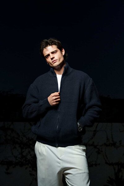 THE OTANTİK Erkek Fermuarlı Cep Detaylı Triko Ceket