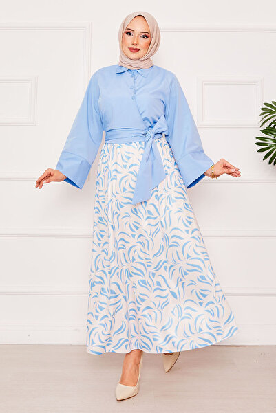 EBRUTESETTÜR Shirt with Self-Belted Wide-Sleeve Skirt Set in Baby Blue
