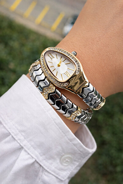 NOVA SALES Weluxa Altın-Gümüş Çift Renk Taşlı Yılan Model Vintage Kadın Kol S...