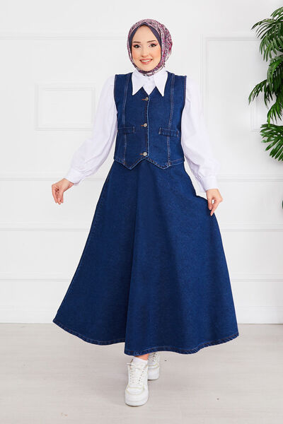 EBRUTESETTÜR Yelekli ve Etekli Tesettür Kot Takım Lacivert