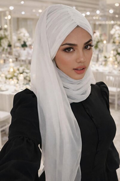Aişe tesettür Beyaz Büzgülü Hazır Şal
