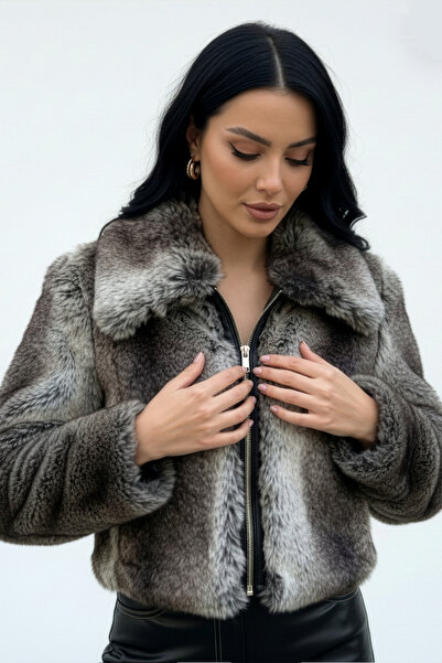 Lysven Solea Beyaz-Kahve Fermuarlı Yakalı Kürk