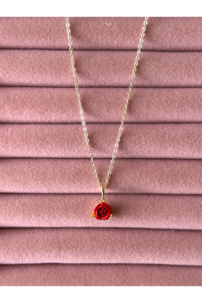 ACQUA BELLA 925 Ayar Gümüş Kaplama Kırmızı Gül Kolye Gold Zincir 14 Şubat Sev...