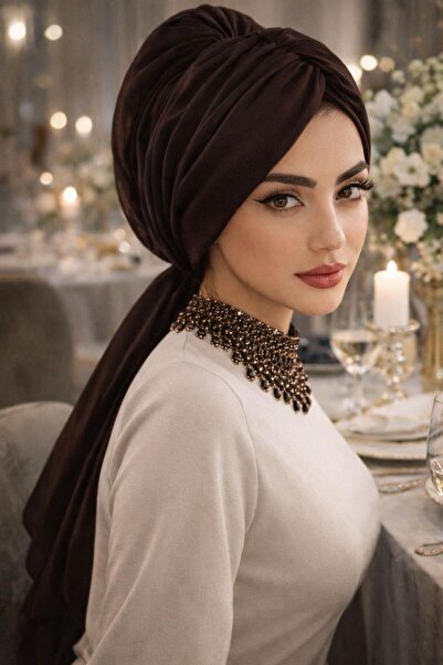 Aişe tesettür Kahverengi Tokalı Abiye Bone Şal / Hazır Duvak