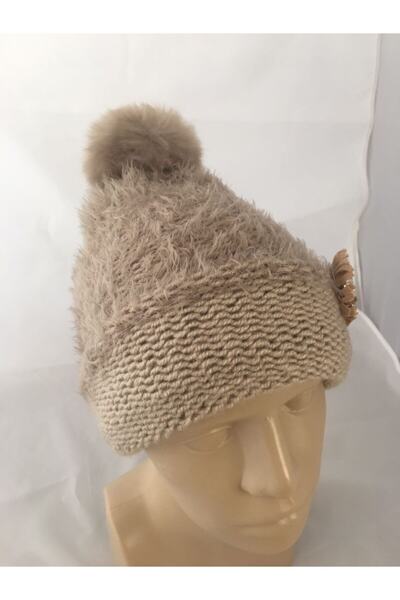 drt tasarım Brown Double Layer Floral Patterned Pompom Beret