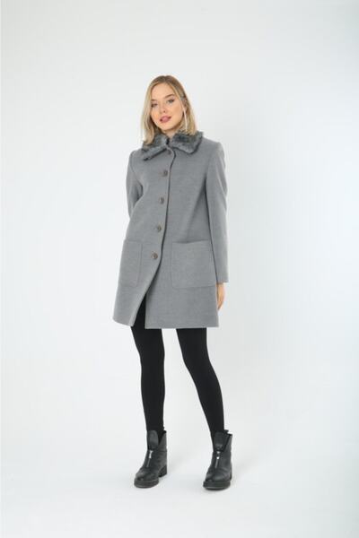 Lalezar Kadın Gri Suni Kürklü Düğme Kapama Kaban