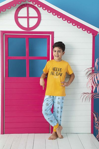 Aydoğan Hello Friday Boy's Interlock Yellow Pajama Set