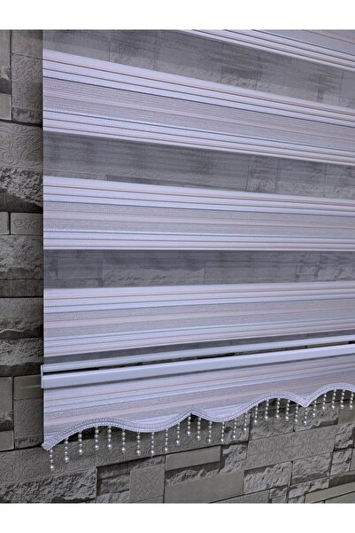 PERDECİNİZ Pudra Gümüş Simli Desenli Zebra Perde(etek Boncuklu)